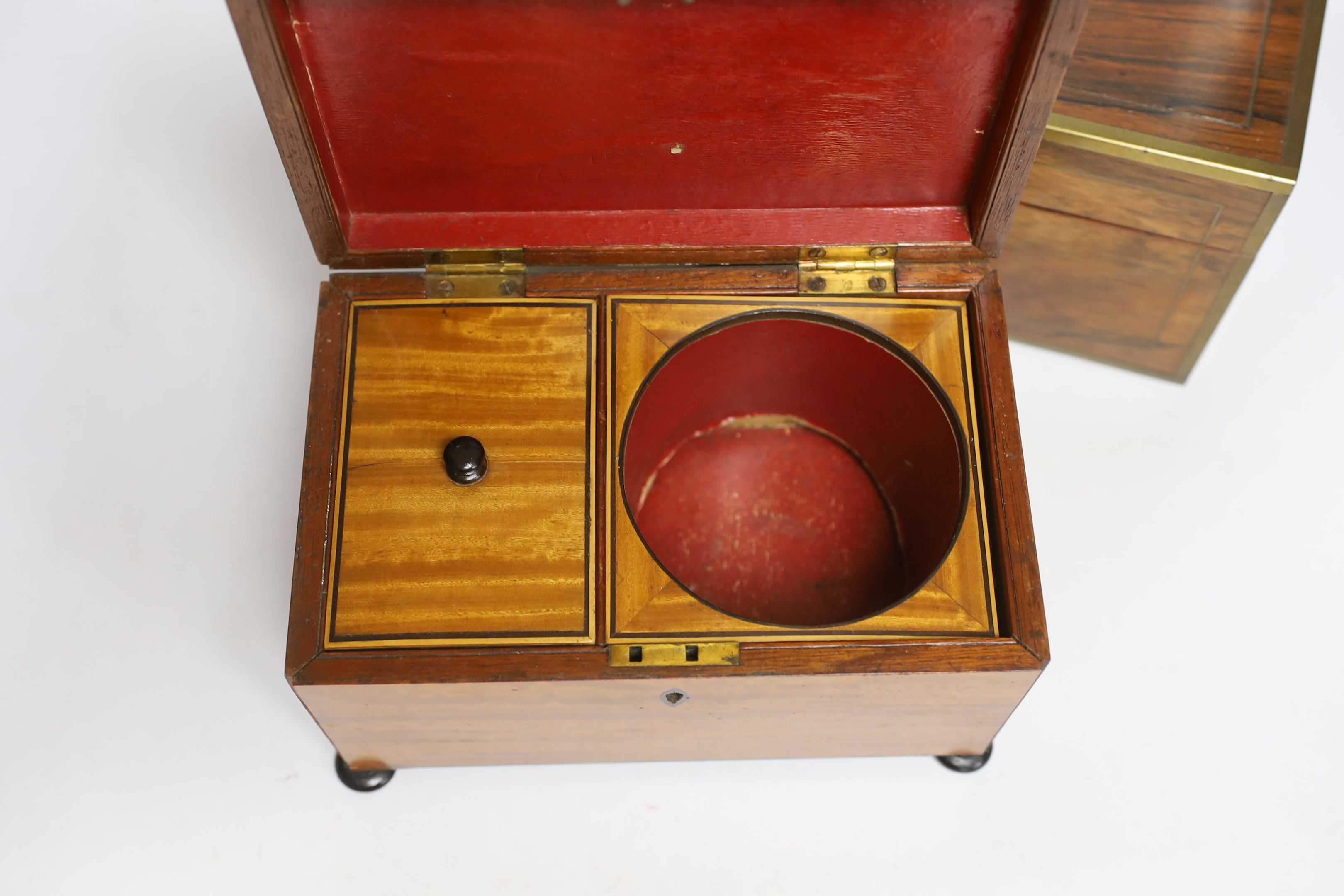 A Victorian brass bound rosewood writing box, 30.5 x 22 x 13cm, a George IV satinwood tea caddy and three Japonaise lacquered wall brackets